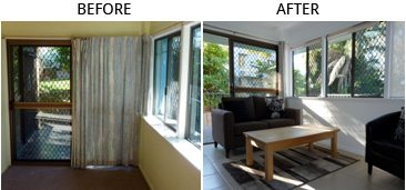 Before and after image of a living room
